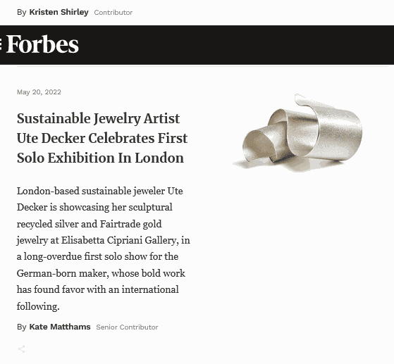 Sustainable Jewelry Artist Ute Decker Celebrates First Solo Exhibition In London