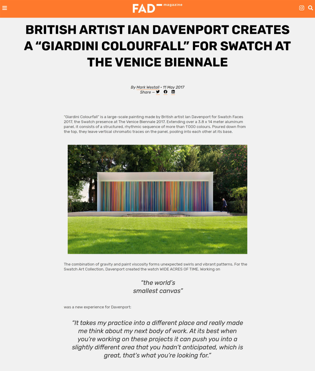 British Artist Ian Davenport creates a 'Giardini Colourfall' for Swatch at the Venice Biennale