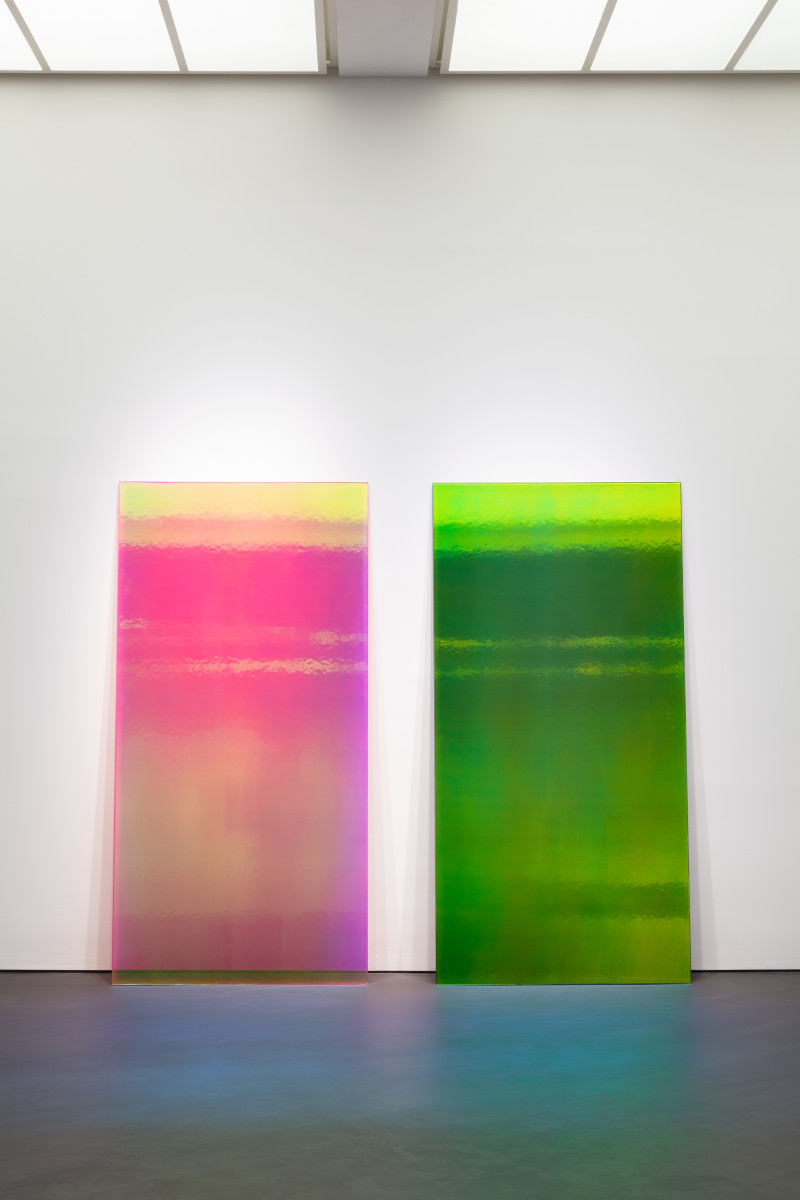 Ann Veronica Janssens Bright Pink & Yellow, 2019 Annealed glass, vertical ribs, PVC filter 230 x 115 x 1,2 cm (90 1/2 x 45 1/4 x 3/8 in) (2 parts) Edition of 1