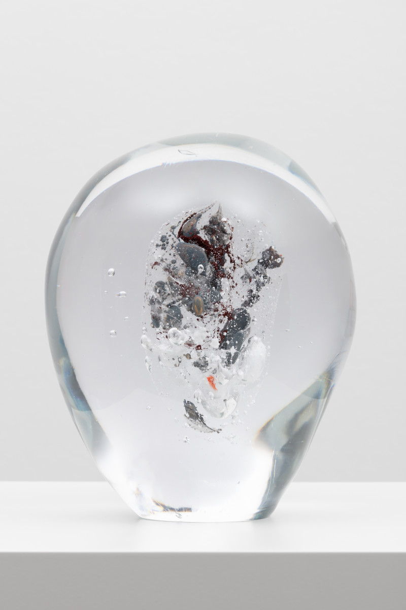 Etienne Chambaud Globe, 2021 Glass, electronic circuit, nutshell, seashell, feather, bone powder, rust, banknote and RJ45 connector 27 x 20 x 23 cm (10 5/8 x 7 7/8 x 9 1/8 in)