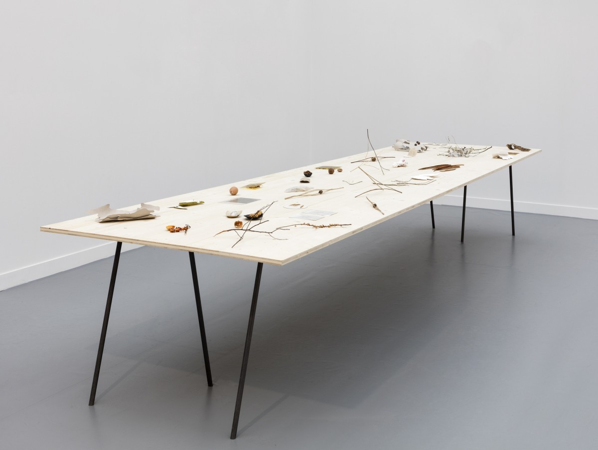 Daniel Steegmann Mangrané Table With Objects, 1998-2015 Wood, raw metal, mixed media 80 x 450 x 120 cm