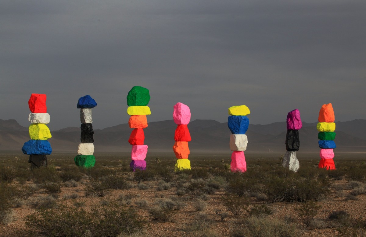 Ugo Rondinone, Seven Magic Mountain, Art Production Fund & Nevada Museum of Art, Desert South of Las Vegas, 2016–2021. Photo by Gianfranco Gorgoni