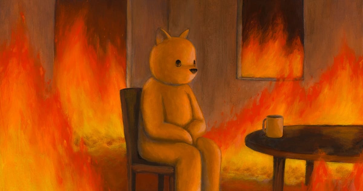 Bear calmly sitting in a burning room – Luke Chueh style