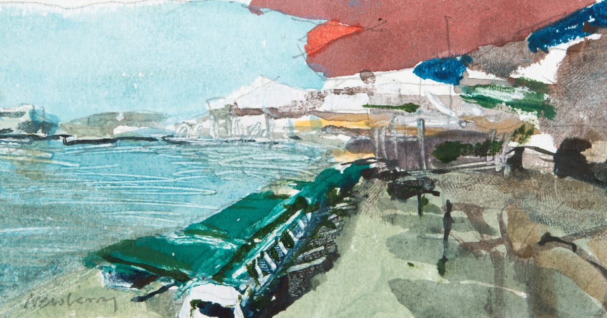 John Newberry Rws Beach With Red Umbrella Bodrum Turkey Bankside Gallery