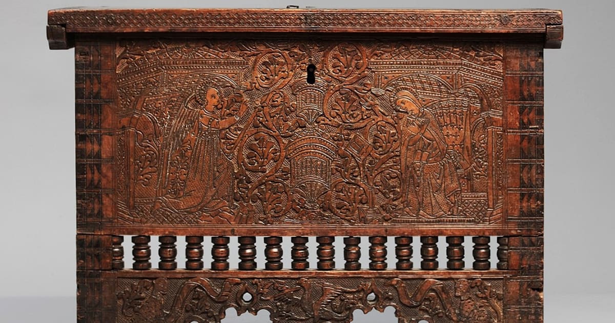 A Cypress-wood chest showing the Annunciation among sprouting foliage ...