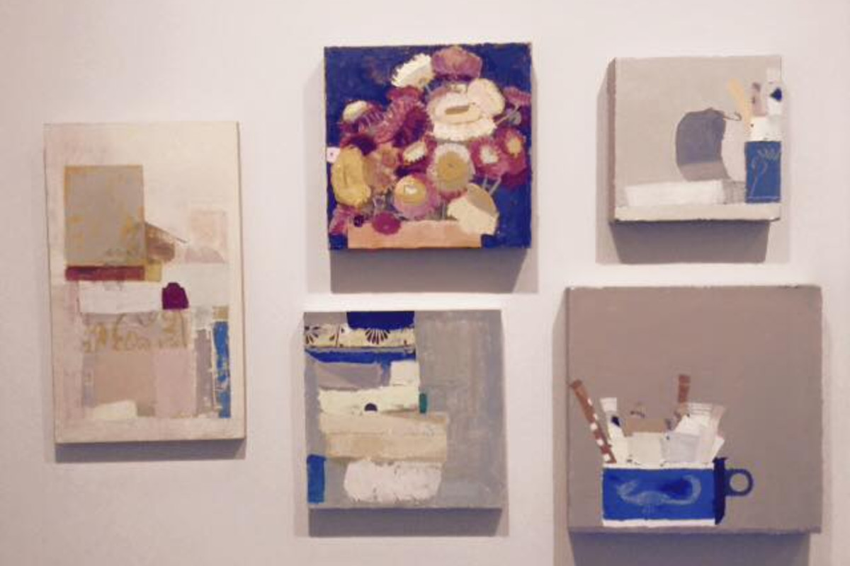 Installation shot of five paintings by Sydney Licht. They are "Untitled", "Still Life with Flowers", "Still Life with Open Can", "Untitled" and "Still Life with Sugar Packets and Cup #1".