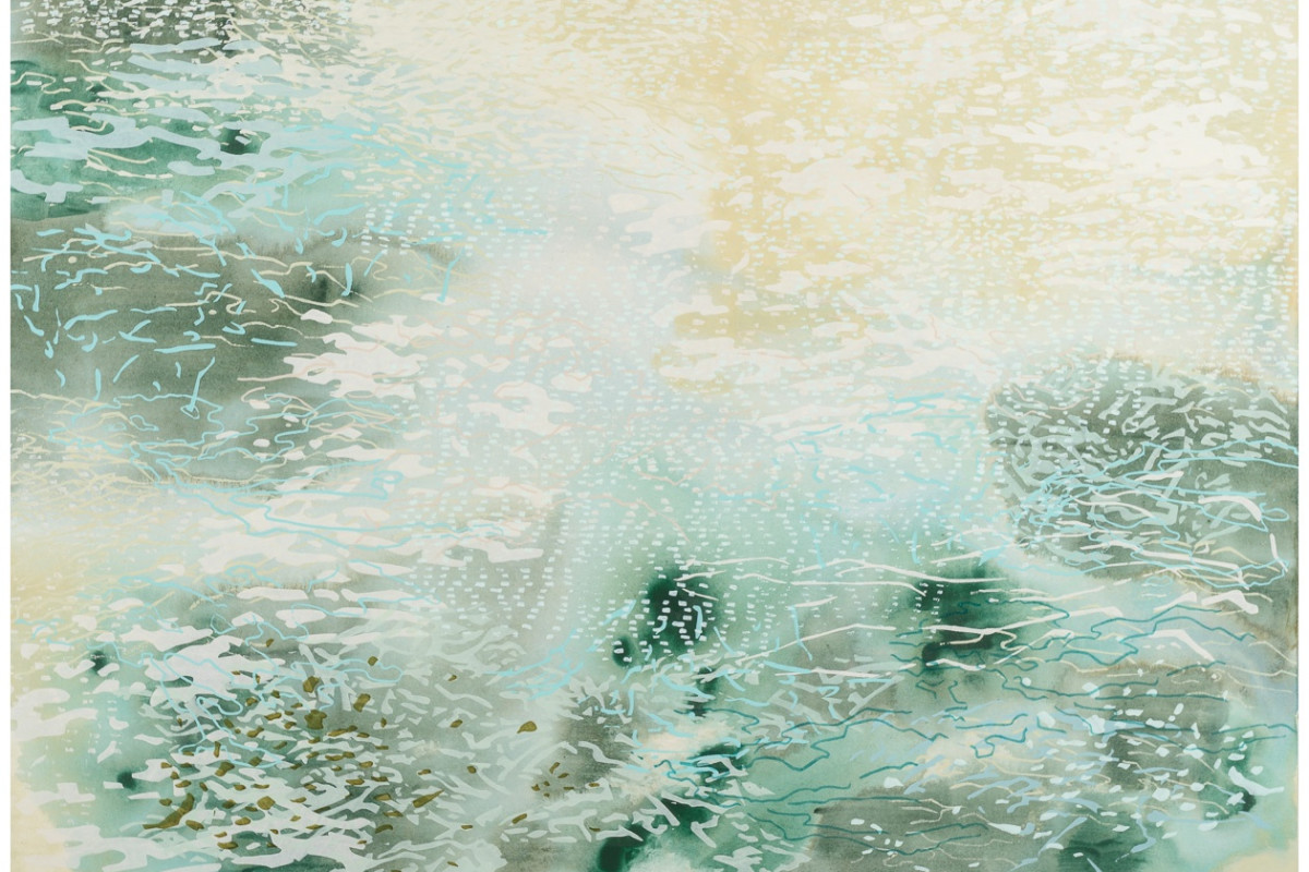 Laura Fayer's "Coral Grove" done with acrylic and rice paper on canvas in various shades of cream, green, and white. The acrylic gradient takes up the whole first layer while the rest has various pieces of rice paper sprinkled.