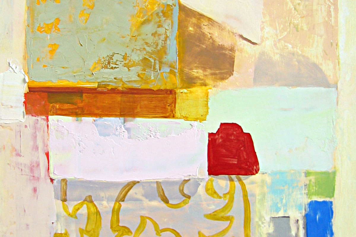 Sydney Licht's "Untitled" oil painting on panel in shades of red, orange, yellow, blue, green, pink, tan, cream and white. The painting has several shapes stacked on top of each other that may resemble objects from Licht's other still life paintings.