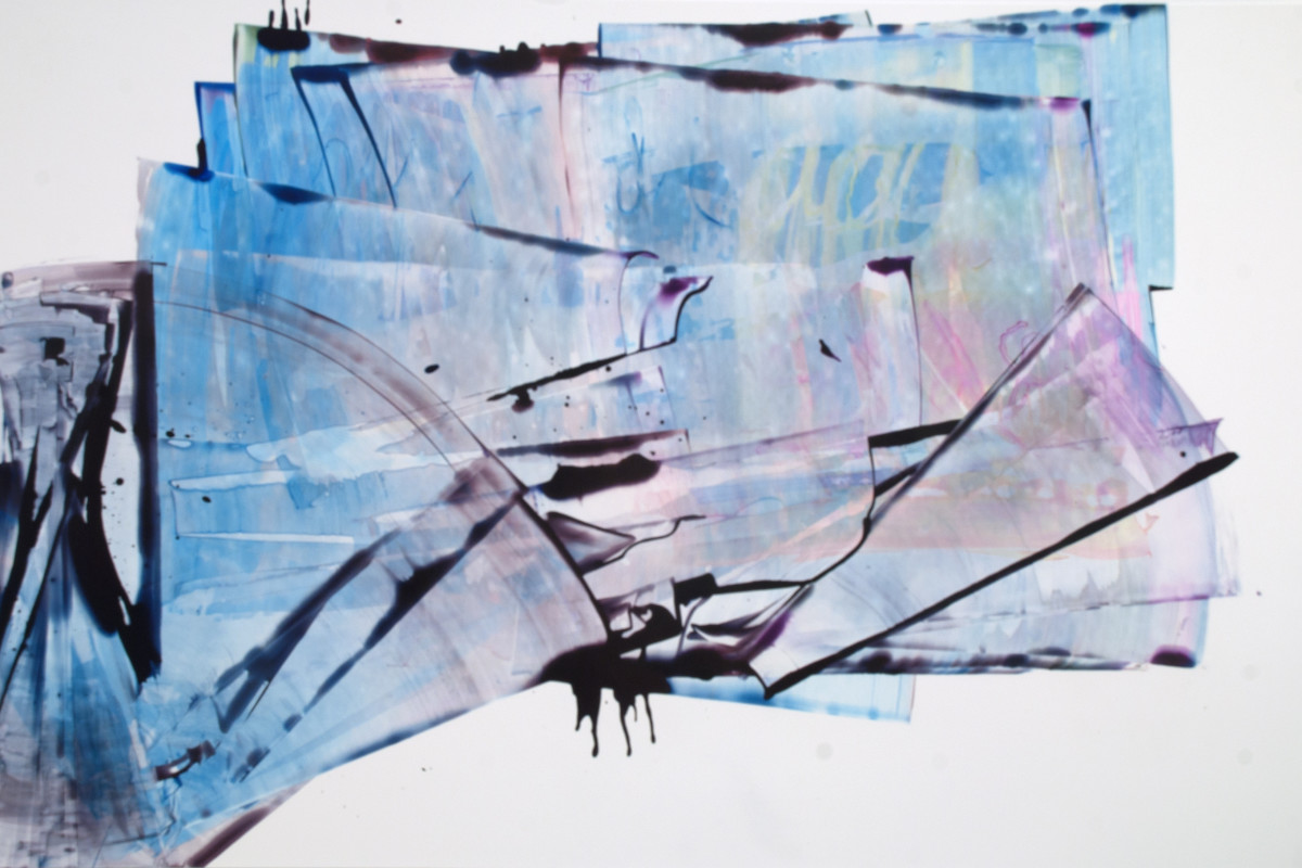 Sarah Irvin's "Aboveborad" done in ink on yupo in shades of cool colors such as blue, purple and yellow. Strokes of ink are painted on each other creating an illusion of depth as the pattern overlaps and recedes.