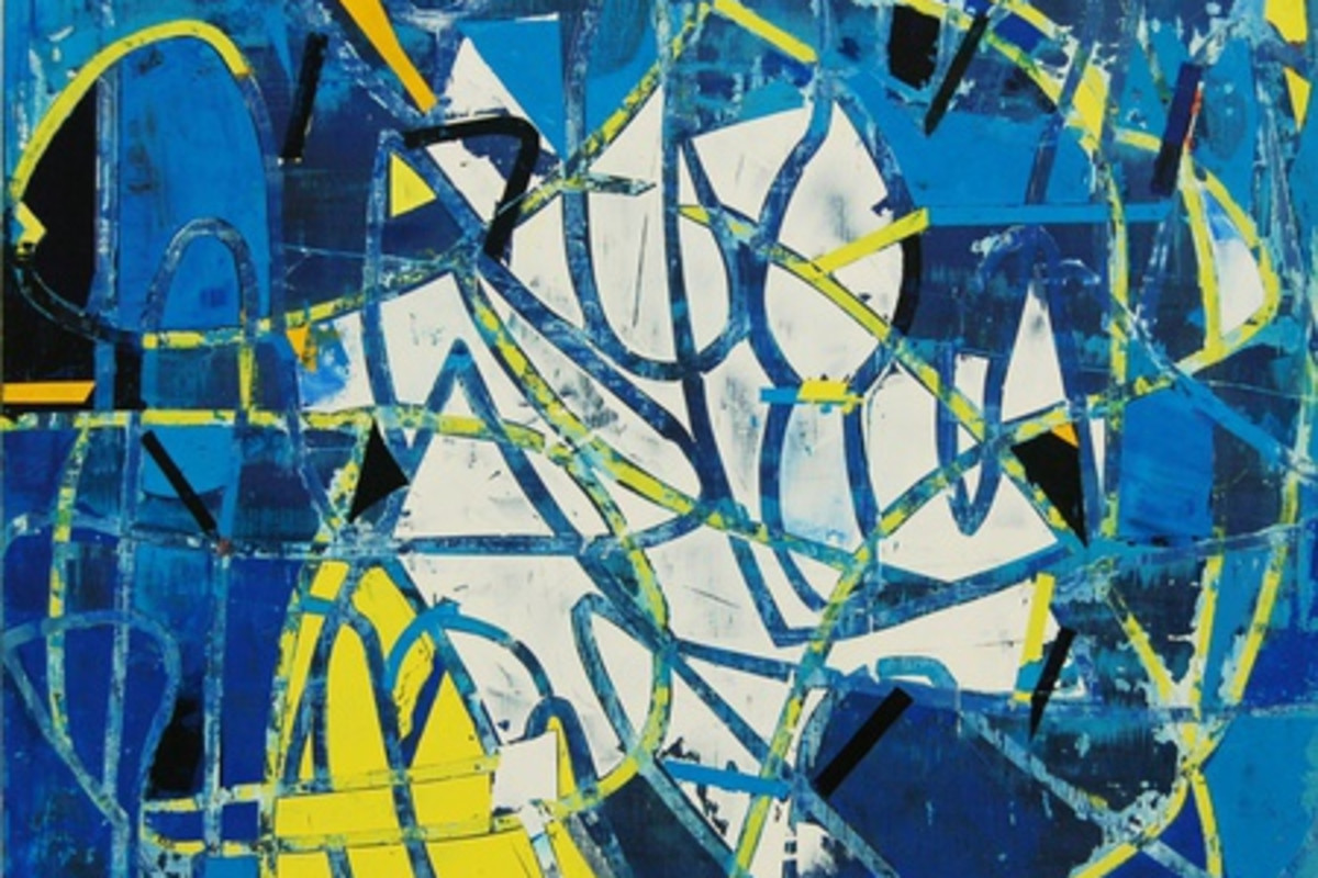 Abstract painting on canvas with primarily cool colors. The painting is of both yellow and blue lines creating an overlapping movement in the foreground. The background has shades of blue and white that compliment the rustic lines.