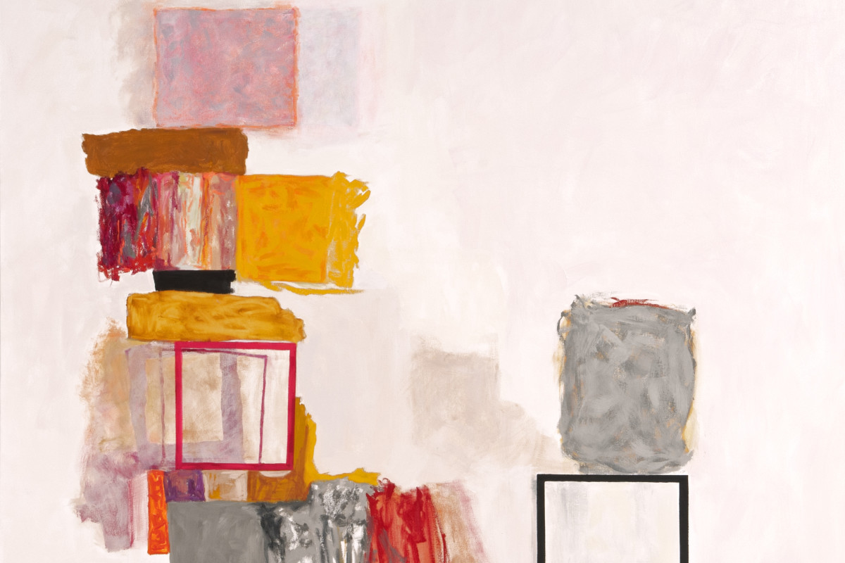 Rocio Rodriguez's "Bits and Pieces" oil painting on canvas in shades of pink, red, yellow, gray and brown. The painting depicts squares spread throughout the canvas. The title may be referring to what the squares are representing making it abstract.