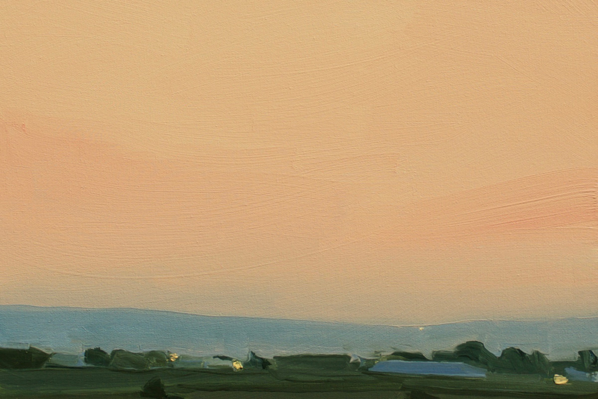 Sara McCulloch's "Kingsport Sunset" oil painting on canvas. The painting depicts a sunset setting as shown by the shades of red and tan and the bottom layers painted in shades of green and blue.