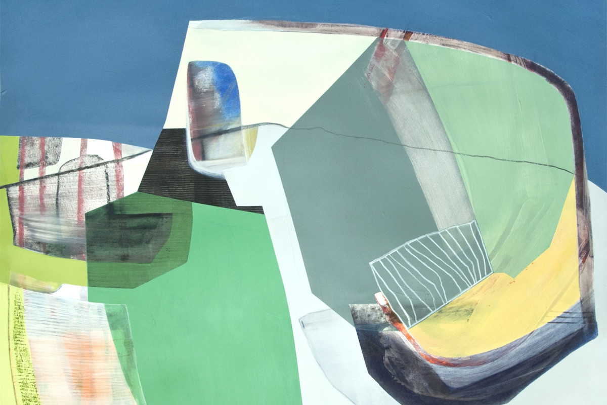 Abstract painting on canvas using primarily cooler colors. The painting resembles a surreal house setting. From a viewer's perspective, the house is seen from a bird's eye view and has a more 3-D view on a flat dark blue surface.