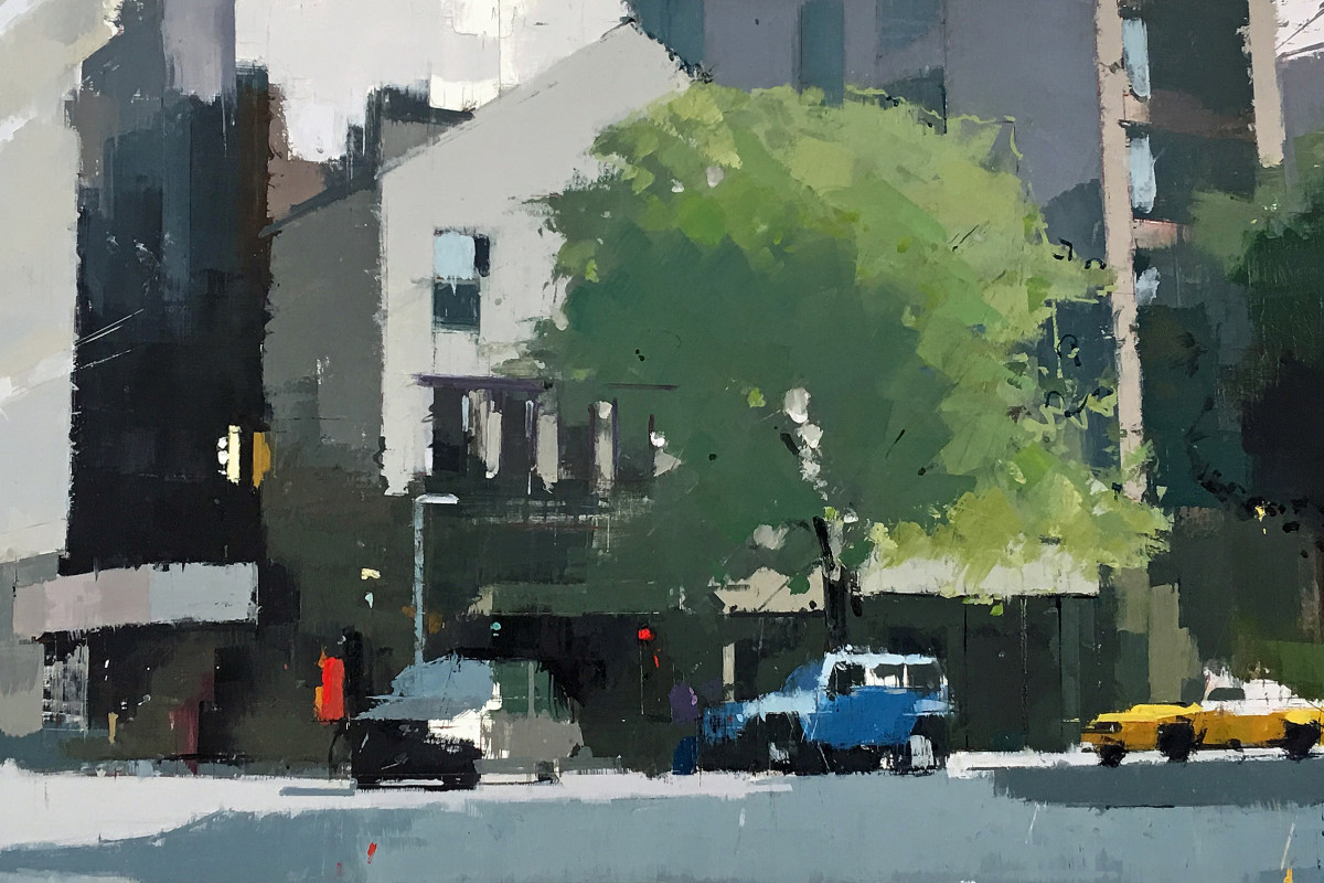 Lisa Breslow's "Soho Morning" oil painting and pencil on canvas in several shades of gray, green, blue, yellow and pink. The painting depicts a town setting with traffic moving and trees that are blending in with the buildings.