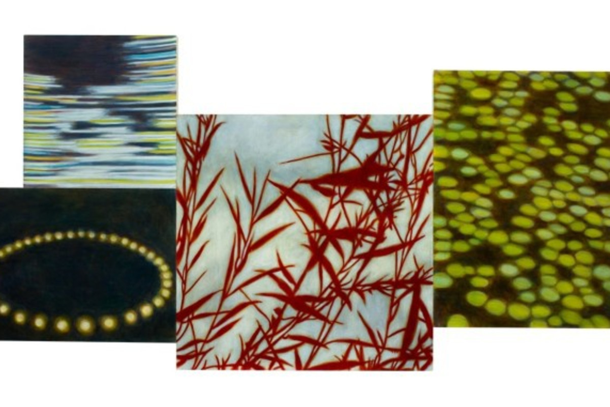 Four separate abstract paintings on canvas. The center painting is a red silhouette of plants. The right painting resembles water lily pads. The lower left painting resembles firefly lights in a circle and the upper left painting resemble fast motion.