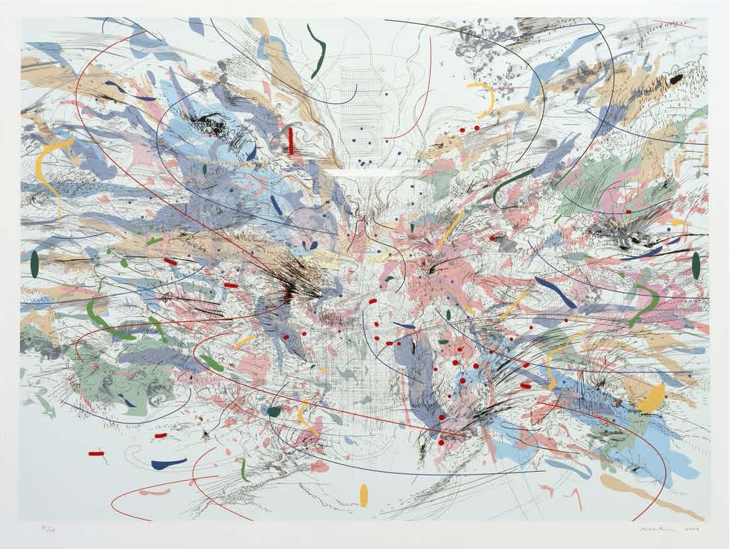 print with splays of muted color moving in opposite directions. curved lines cross over each other