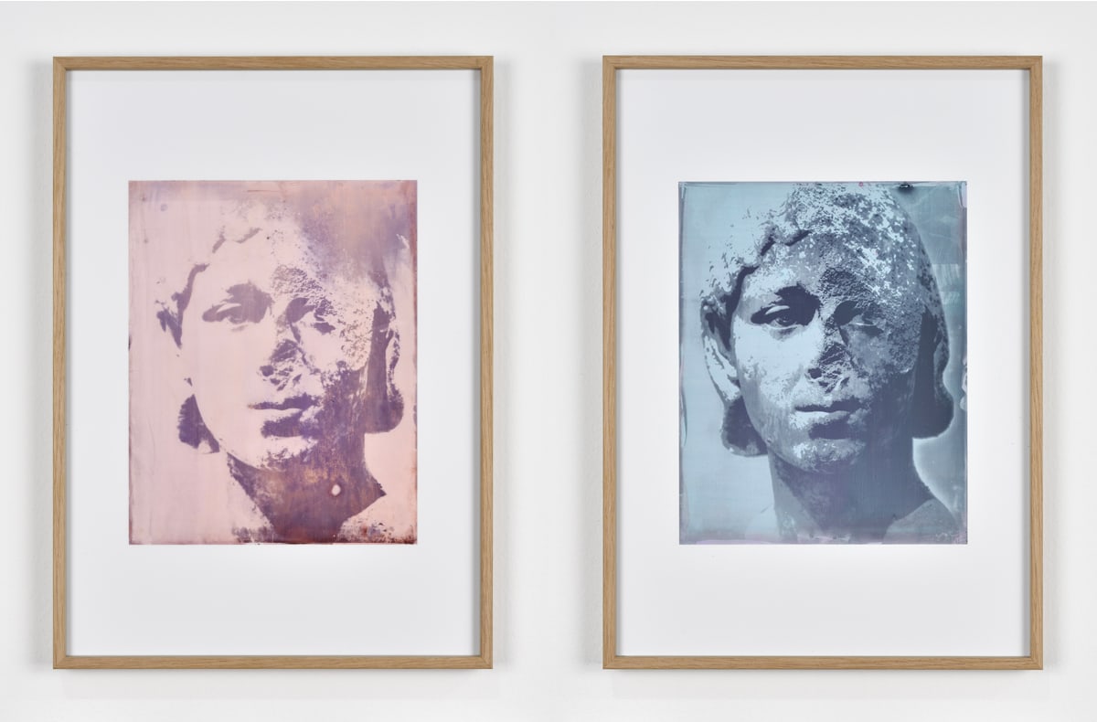 two framed images of a statue's head
