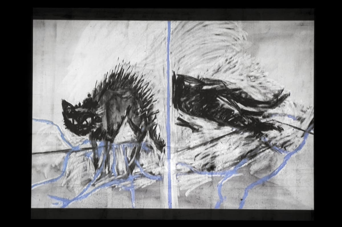 An image containing an animated drawing of a cat, as depicted by William Kentridge
