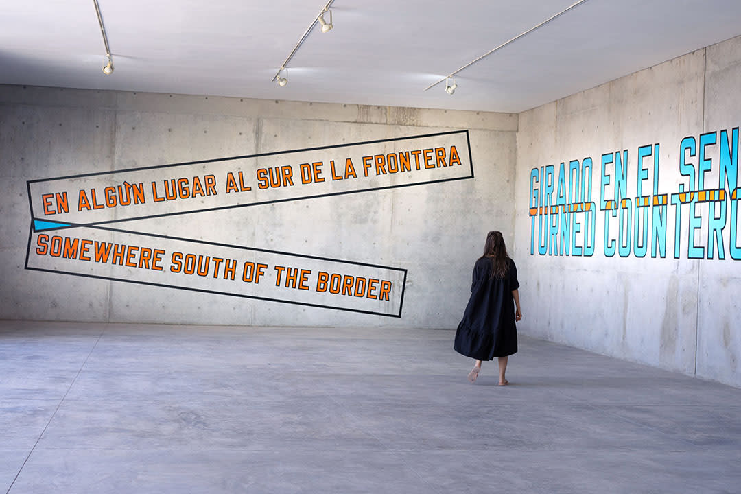 Installation view of works by Lawrence Weiner at Casa Wabi, Mexico.