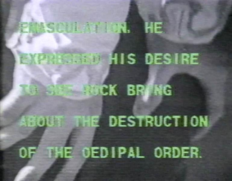 Black and white photograph of two hands on clothed knees with green overlaid text. 