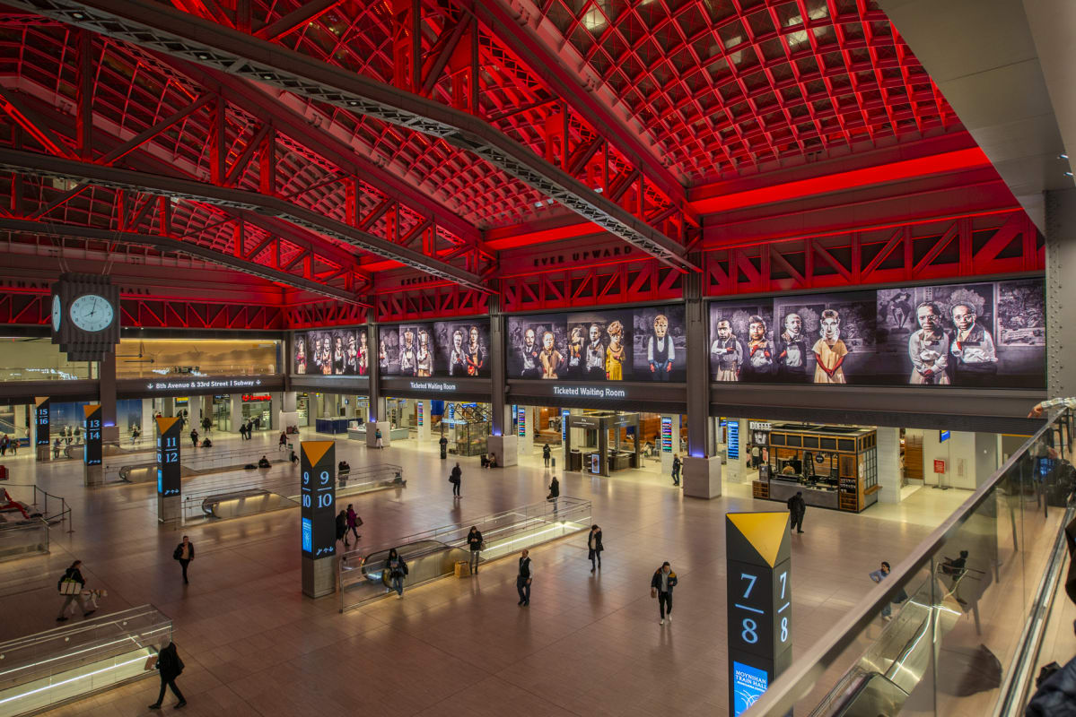Image: William Kentridge, We Will Make Shoes from the Sky. Installation view at Moynihan Train Hall in New York. Credit David Plakke Media.