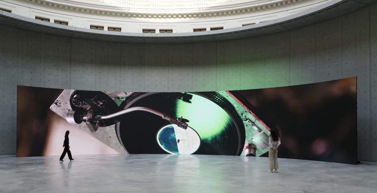 Anri Sala's "Time No Longer" (2021) shows a turntable spinning on itself