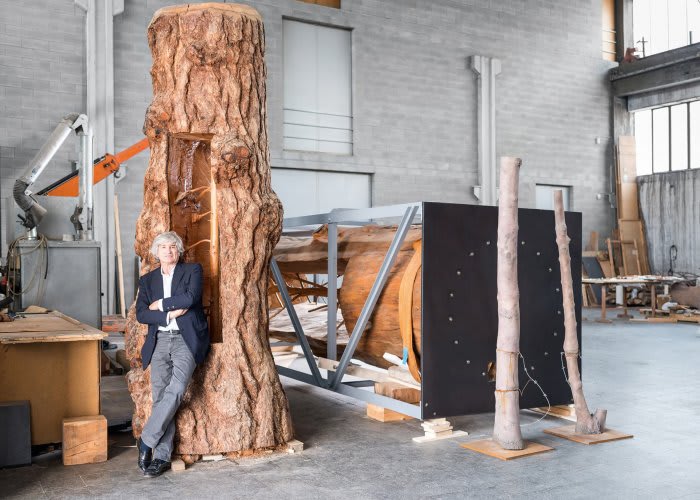 An image of Giuseppe Penone in front of a work in progress sculpture of an excavated tree.