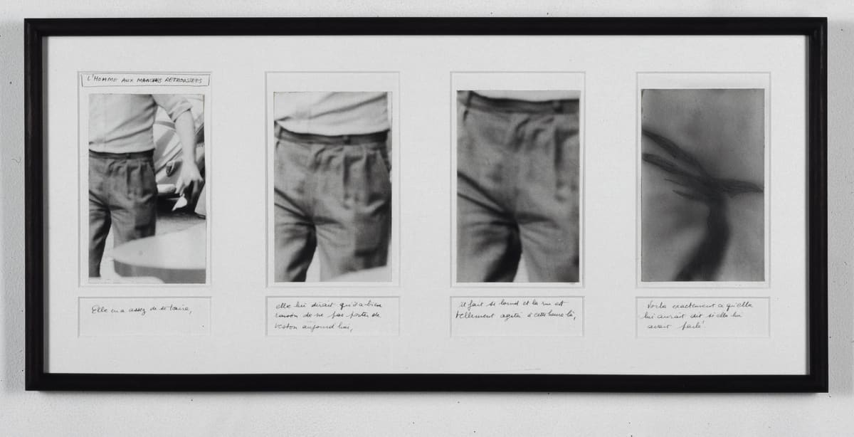 An image containing photographs by Annette Messager capturing men's crotches
