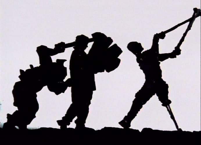 Three silhouettes walk in a line carrying tools.