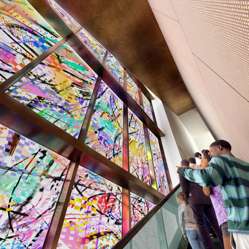Renderings and Photos of the Obama Foundation Museum Building's 83-Foot Tall Painted Glass Window by Artist Julie Mehretu