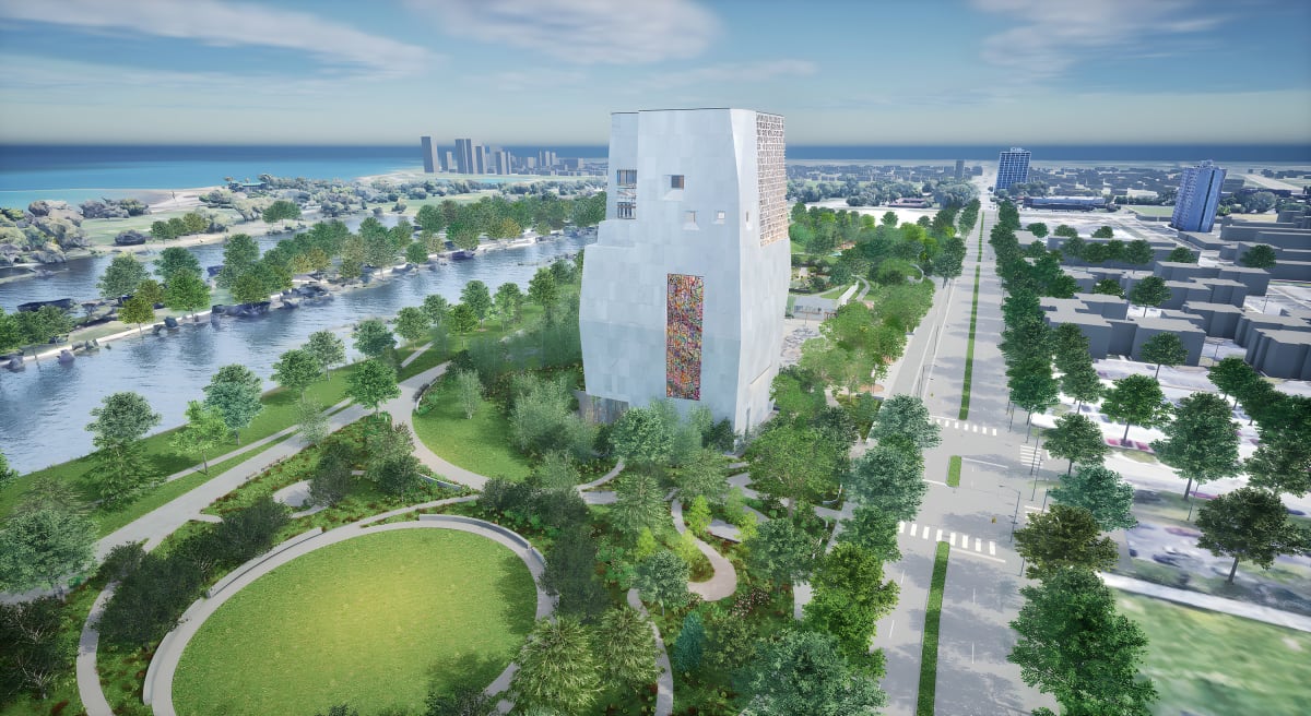 Renderings and Photos of the Obama Foundation Museum Building's 83-Foot Tall Painted Glass Window by Artist Julie Mehretu