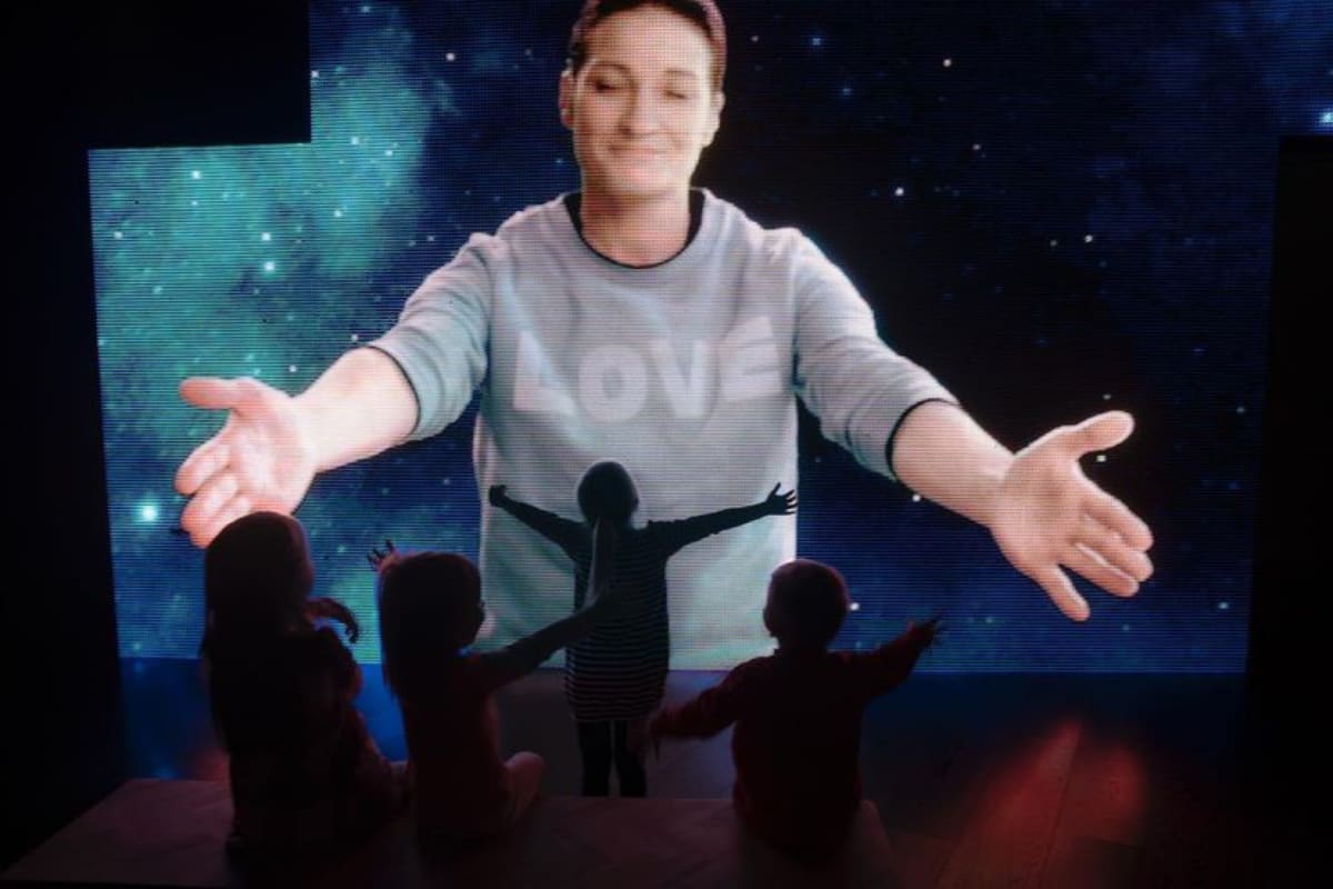 In Eija-Liisa's multi-faceted work entitled "Potentiality for Love" (2018), with an angular video sculpture of 22 DIP LED modules, at Daejeon Museum of Art, a person is seen floating in space.