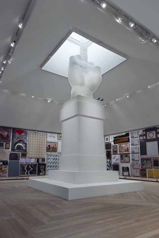 Installation view with full-sized copy of Maurizio Cattelan’s monumental sculpture L.O.V.E. Photo: My Matson/Moderna Museet © Maurizio Cattelan 2024