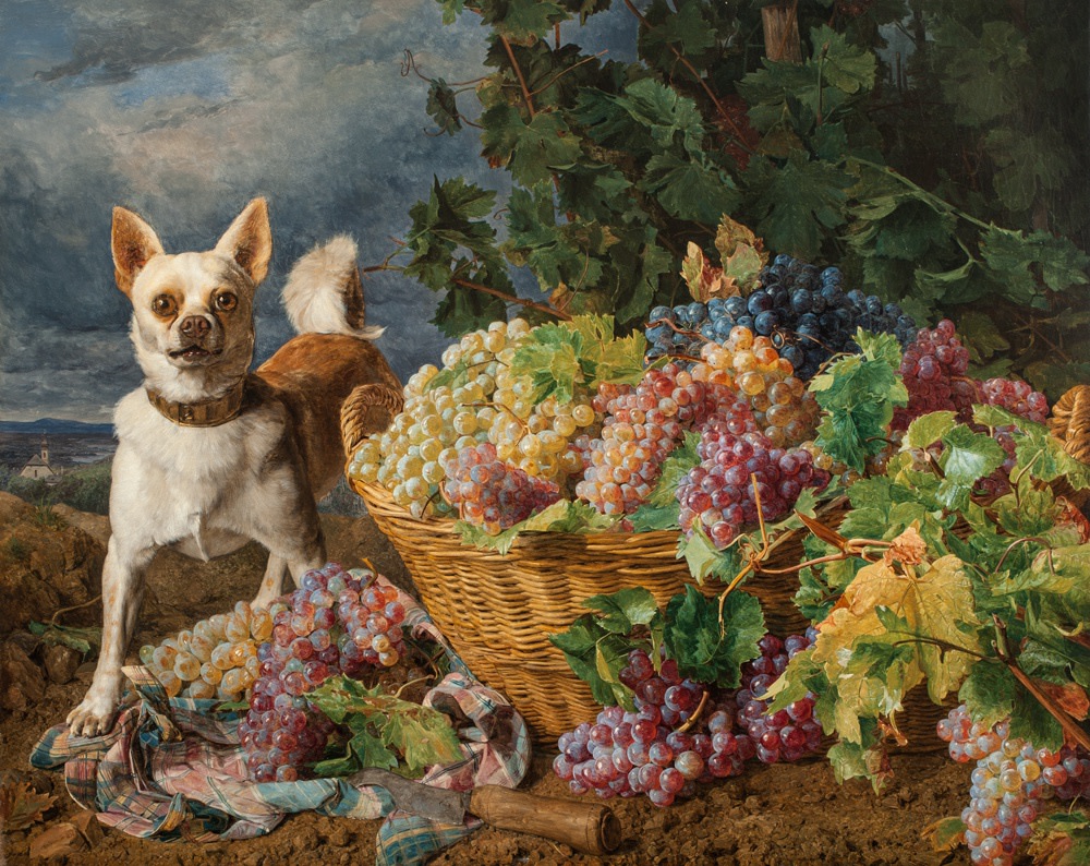 Ferdinand Georg Waldmüller, Dog Guarding a Basket of Grapes with a View of Heiligenstadt and the Danube in the Distance