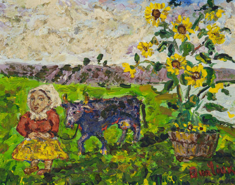 Farm Girl with Cow and Sunflowers