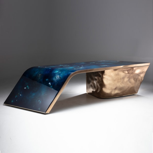 Blue Tramazite Fold Desk (Work Available for Commission), 2018