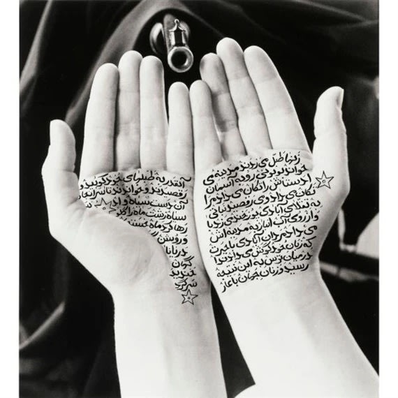 Shirin Neshat, Guardians of the Revolution, 1994, brush, pen, black ink on Gelatin silver print, 94,5 x 86,4 cm Courtesy of 20.21 Galerie Edition Kunsthandel GmbH, Essen