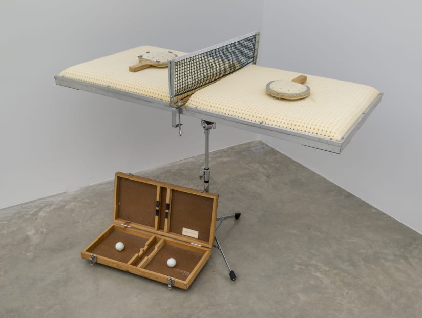 Silent Ping-Pong, 1971 Foam, aluminum, plywood, steel, netting table: 38.5 x 48.5 x 26 inches/97.8 x 123.2 x 66 cm two paddles: 10.5 x 6.5 x 1.5 inches/26.7 x 16.5 x 3.8 cm (each)