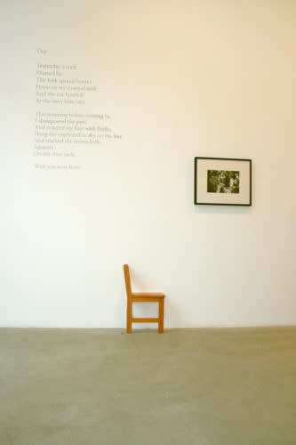 Left to right: Hilay Kabak, "Day" wall text. Sonny Venice, Chair, 1995, wood. Joseph Sterling, Untitled (Beatles Fan), c. 1965, black and white photo.