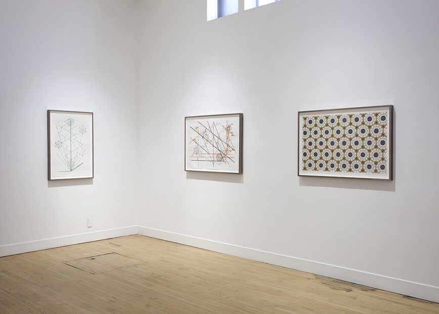 Installation view of Based on the Hexagon: The Recent Drawings of Monir Farmanfarmaian, May 7 - June 27, 2015 at Haines Gallery, San Francisco
