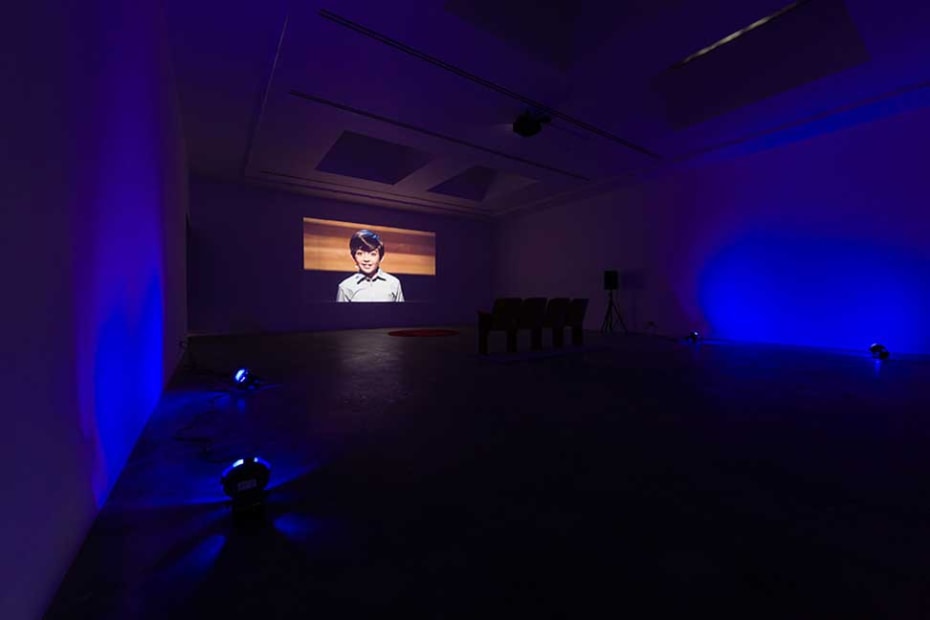 The Thought Leader, 2015 Single-channel video, theater seats, carpet, and four lights Dimensions variable, running time: 9:22 minutes Various Small Fires, Los Angeles (installation Image)