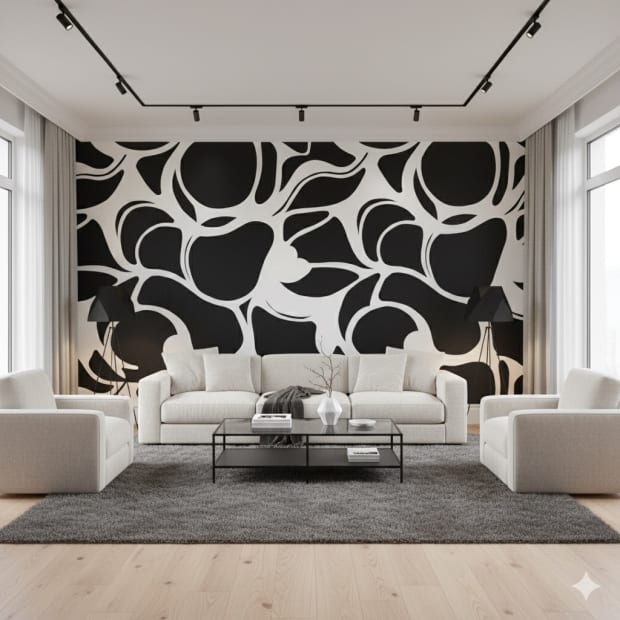 Living room with white couch, gray rug, an abstract black and white wallpaper design by Catherine Detraves.