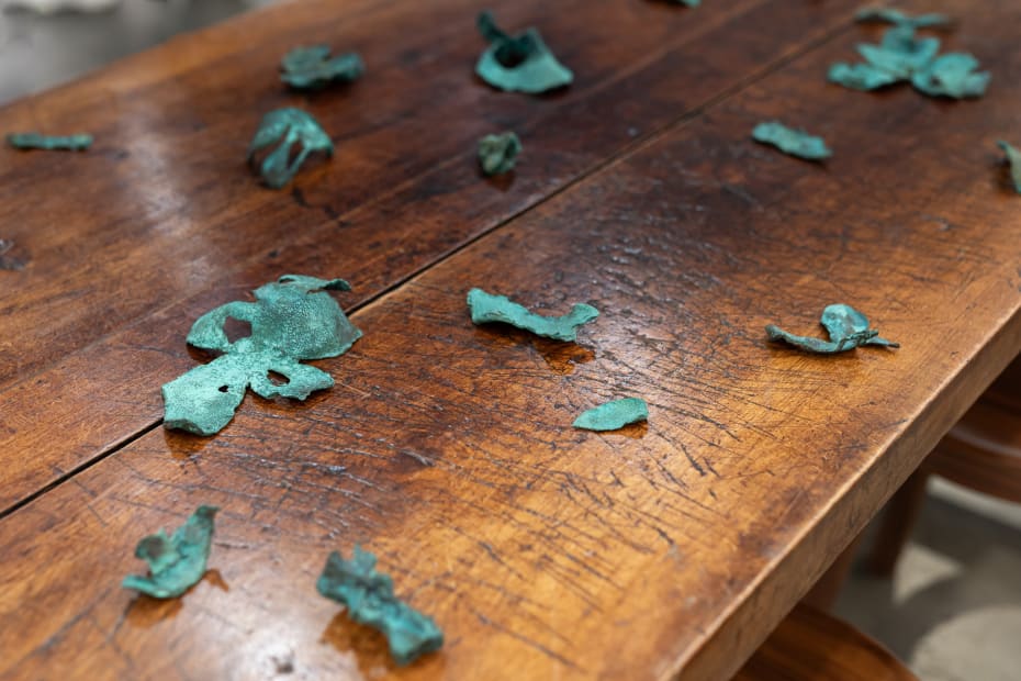 Installation view with works by Cindy Huang. Sumer, Booth H2, Melbourne Art Fair. Photo: Phoebe Powell Normandy farmhouse kitchen table (circa 1850) courtesy of Miguel Meirelles Antiques.
