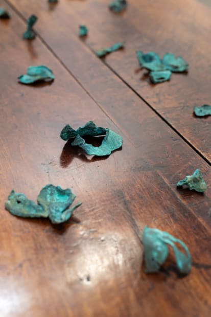 Installation view with works by Cindy Huang. Sumer, Booth H2, Melbourne Art Fair. Photo: Phoebe Powell Normandy farmhouse kitchen table (circa 1850) courtesy of Miguel Meirelles Antiques.