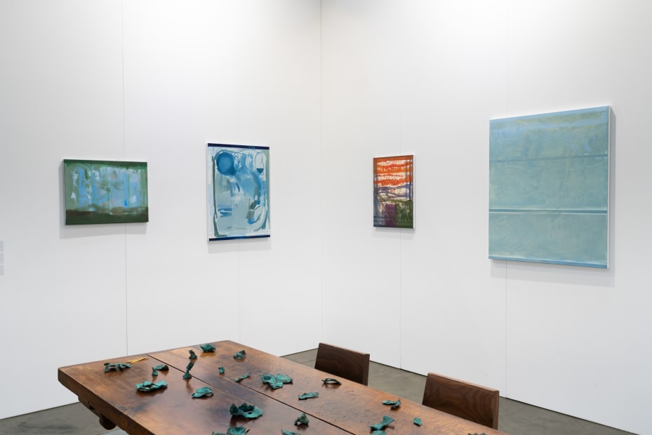 Installation view with works by Sandra Bushby & Cindy Huang. Sumer, Booth H2, Melbourne Art Fair. Photo: Phoebe Powell Normandy farmhouse kitchen table (circa 1850) courtesy of Miguel Meirelles Antiques; Alpine chairs from Laker Studio.