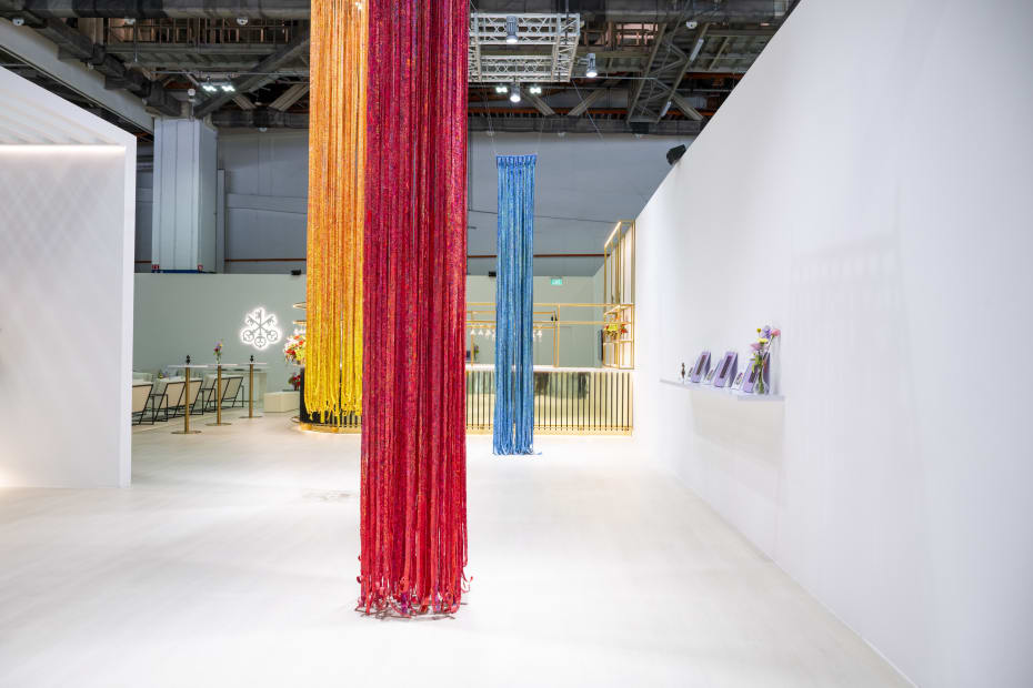 Installation view in the UBS Lounge at ART SG 2025. Artworks commissioned by the UBS Art Collection. Mit Jai Inn, Through the Screen: TKU-TT1, 2024, Through the Screen: TKU-TT2, 2024, Through the Screen: TKU-TT3, 2024, metal grid, oil on canvas © Mit Jai Inn