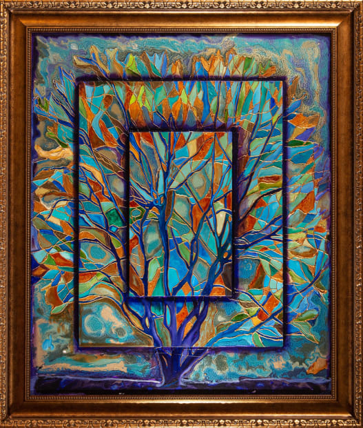 Peacocks Dance In the Woods 30x36 Oils and Mixed Media on Three dimensional wood panel Framed 36x42 Click to Zoom PRICE UPON REQUEST