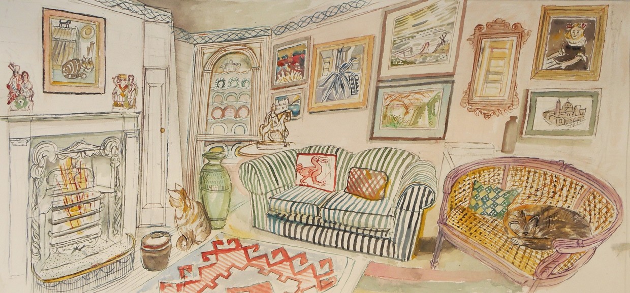 Richard Bawden RWS RE, Cats and Pictures, watercolour