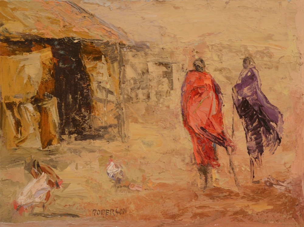 Two Maasai in Village with Chickens