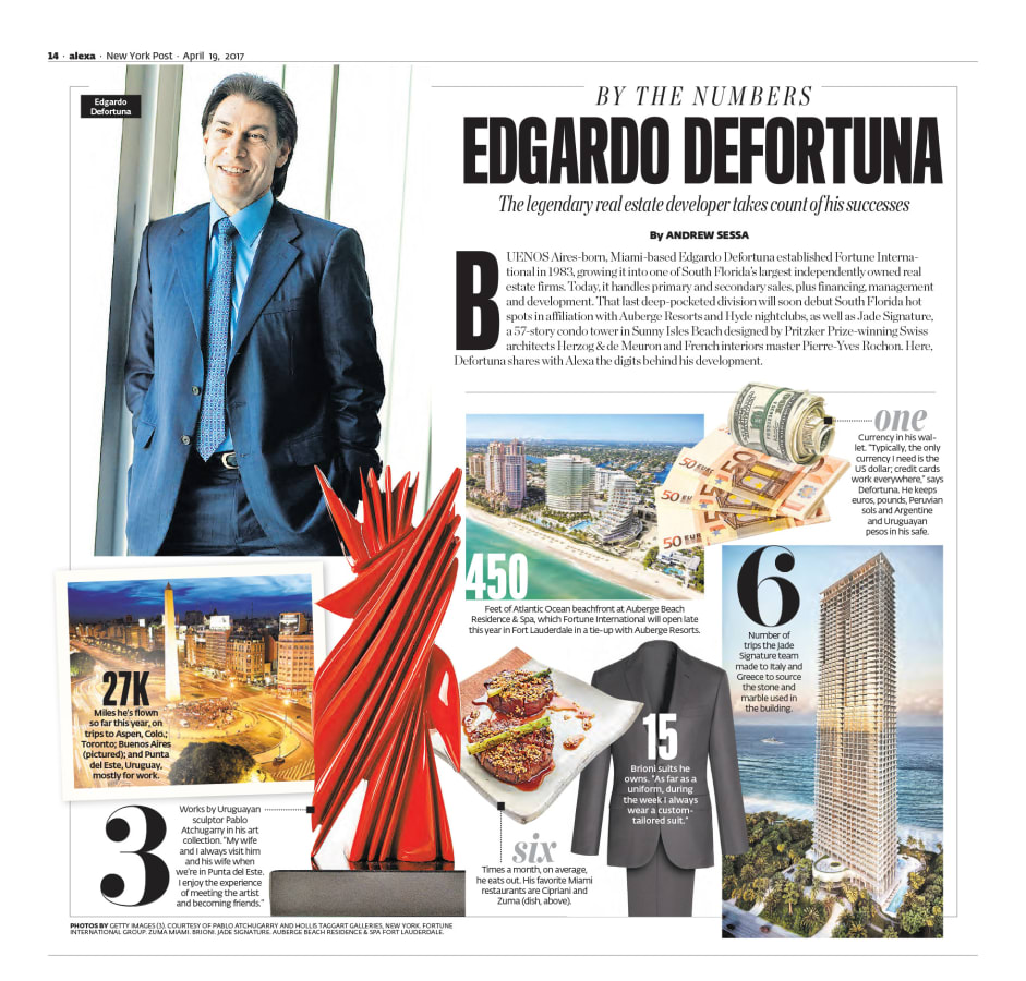 PHOTOS BY GETTY IMAGES (3). COURTESY OF PABLO ATCHUGARRY AND HOLLIS TAGGART GALLERIES, NEW YORK. FORTUNE INTERNATIONAL GROUP. ZUMA MIAMI. BRIONI. JADE SIGNATURE. AUBERGE BEACH RESIDENCE & SPA FORT LAUDERDALE.